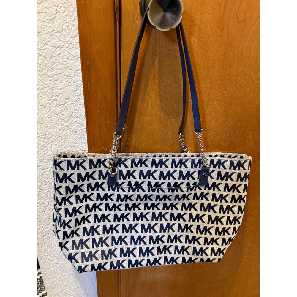 Michael Kors Blue Monogram Jacquard Signature Tote Bag Style 38S7XJST7J
